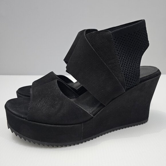 NEW Eileen Fisher Lio Wedge Womens 8.5 Black Leather Platform Sandal Chunky - Picture 14 of 14